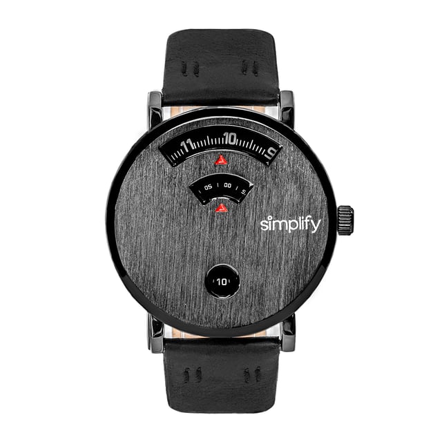 Polished Alloy Case; Quartz Movement; Non-Glare Scratch-Resistant Mineral Crystal; Upper Display is Hour; Middle Display is Seconds; Lower Display is Minutes; Logo-Engraved Stainless Steel Caseback; Genuine Leather Strap; Logo-Engraved Stainless Steel Clasp; 40mm Case Diameter; 3ATM Water Resistance;
