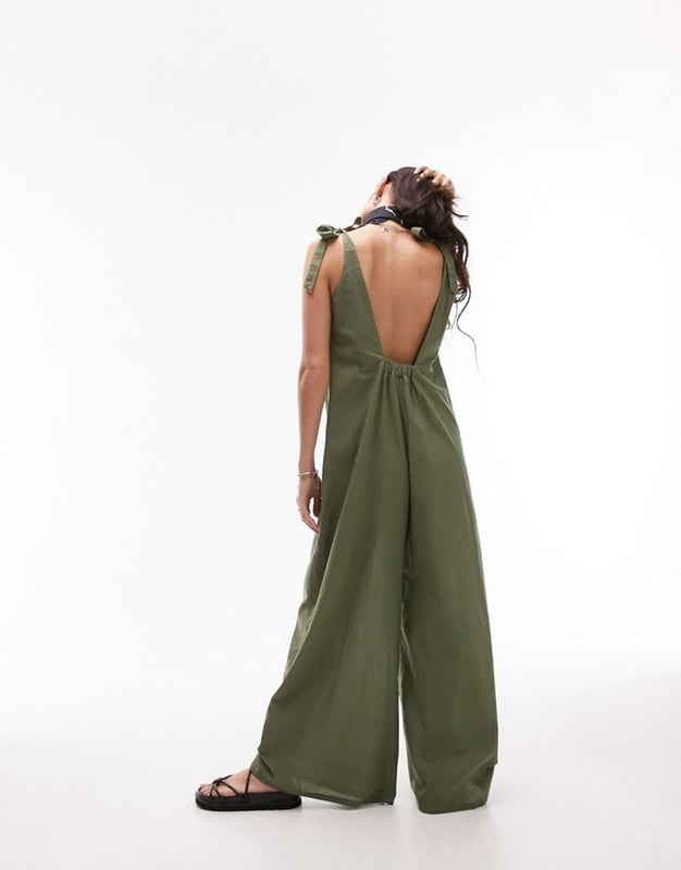 Topshop linen look tie shoulder beach jumpsuit in khaki Green