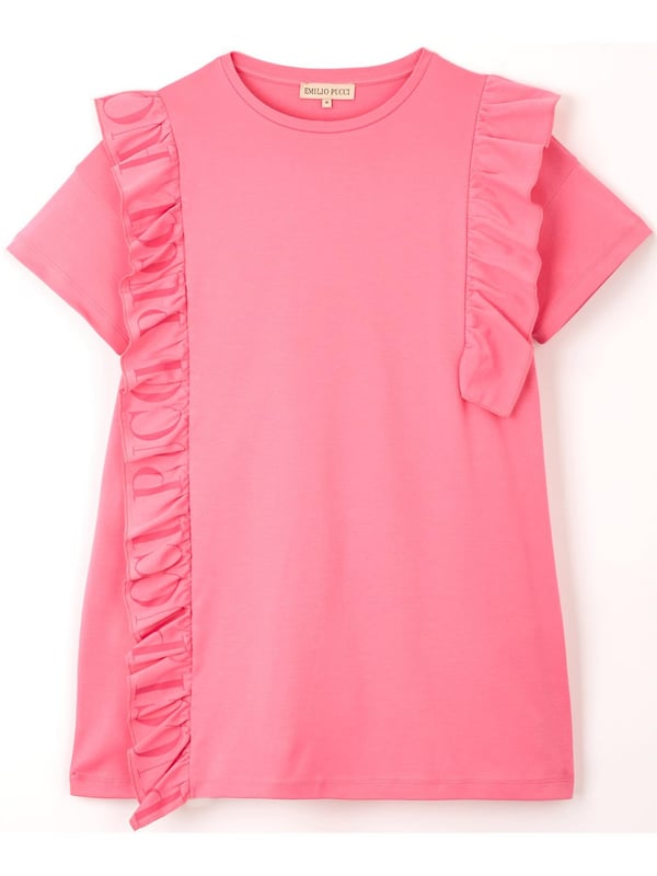 • 100% Cotton • Features asymmetric frilled trims to the front. Subtle Pucci branding to the longer frill. Round neckline. Short sleeves