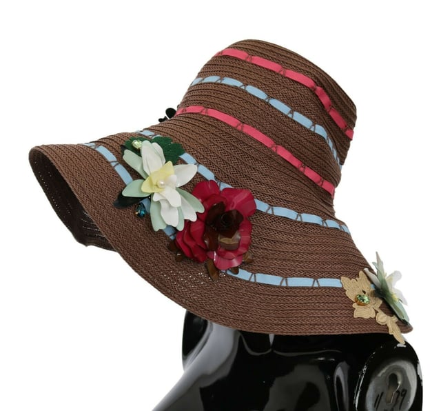 100% authentic Dolce & Gabbana wide brim hat
  Floral design in brown
  Made from 95% cellulose 3% polyester and 2% acrylic
  Logo details
  Made in Italy
Material: 95% Cellulose 3% Polyester 2% Acrylic