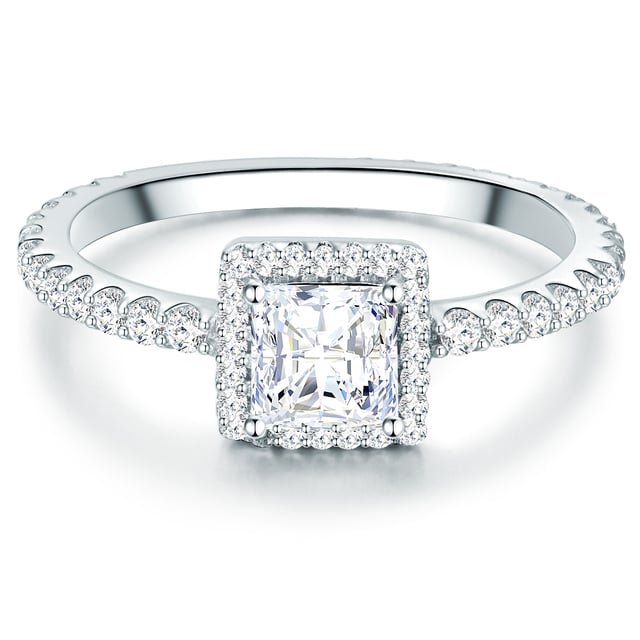 Are you looking for an exquisite engagement ring? This solitaire ring of the 1934 manufacture guarantees an enthusiastic "yes" of her loved ones! A angular zirconia-solitary in brilliant cut is enclosed by many small crystals in the entourage design-a sparkling eycatcher that makes the hearts of fashionistas beat faster. Luxurious detail is the fully occupied ring rail in memoire look. A high -quality rhodium -off protects the ring made of high -glossly polished 925 and reinforces the light silver gloss. A glamorous accessory and an affordable alternative to expensive diamond rings!