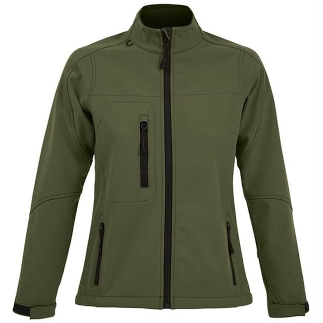 Stretch soft shell fabric has an elastane outer membrane with polyester fleece backing. Mesh lined front body panels. Breathable, windproof and water resistant. Shaped fit with taped neck. Collar high full zip with inner storm flap and chin guard. Two front zip pockets and one right chest zip pocket. Tear release adjustable cuffs. Adjustable drawcord at hem. Drop tail. Access for decoration. Material: 96% polyester/ 4% elastane outer. Ladies size: S(8/10), M(12), L(14), XL(16), XXL(18).