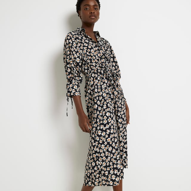 Black floral midi shirt dress hot sale
