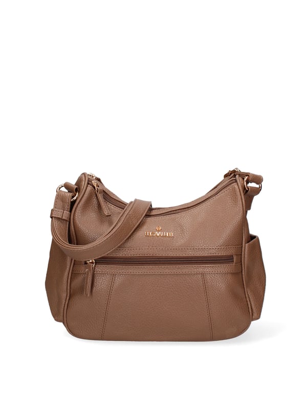 Bolso bandolera para mujer. El cierre es con cremallera. Los bolsillos internos son uno con cremallera y dos abiertos. Los bolsillos externos son uno frontal con cremallera, uno trasero con cremallera y dos laterales abiertos. La bandolera es ajustable en ecopiel. Falta el mango. Hay dos compartimentos internos. El material exterior es ecopiel. Internamente está forrado en poliéster. Medidas: 28x24x11 cm. Producto de moda