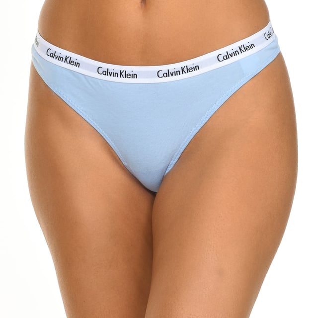 Pack-3 Calvin Klein Thongs.
 Color White-light blue-red
 Elastic rubber waistband, with the brand name consecutively embroidered.
 Inner lining.
 Seam seen to tone.

 Composition: 90% Cotton, 10% Elastane

 Washing instructions:
 - Wash maximum at 40ºC.
 - Iron at medium temperature, max. 110 ° C.
 - Does not allow to use tumble dryer.
 - Do not use bleach.
 - It does not support dry cleaning.