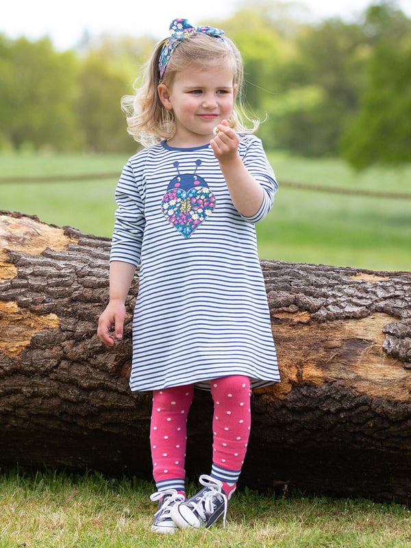 90% organic cotton 8% polyamide 2% elastane | Proud to be certified to the Global Organic Textile Standard (GOTS) | Pink dot design on legs | Ladybird seat design up to size 2-4y (no seat design from size 4-6y +) | Full length | Contrast cuffs and waistband | Made in India | Machine washable at 40 degrees, or at 30 degrees to be kinder to the planet