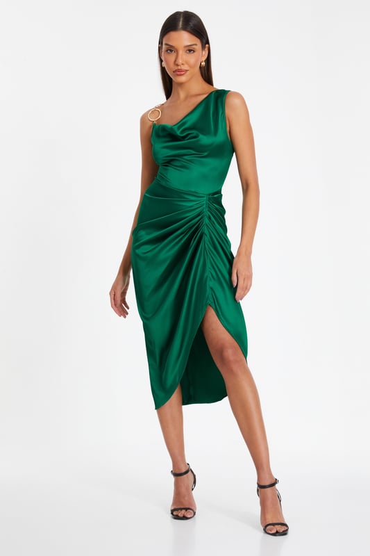 green emerald velvet dress Emerald Satin Cowl Neck Asymmetric Split Strappy Bodycon Midi Dress main image 1