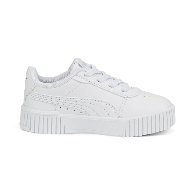 PRODUCT STORY For our next generation of sneaker fans, the Carina 2.0 AC is designed specifically for little feet with an easy-on/off elastic lacing system and our Kinder-Fit® removable sockliner for an improved fit. We've added a chunky textured sole for a fresh new look your little one will love. FEATURES & BENEFITS Recycled Content: The upper of this shoe is made with at least 20% recycled materials as a step toward a better future DETAILS Synthetic upper with perforated vampKinder-Fit® socklinerAlternative closure with elasticated laces for easy on/offRubber midsoleRubber outsolePUMA Formstrip on medial and lateral sidesPUMA No. 2 Logo on quarter panelPUMA Babies' style: Recommended for toddlers between 0 and 4 years