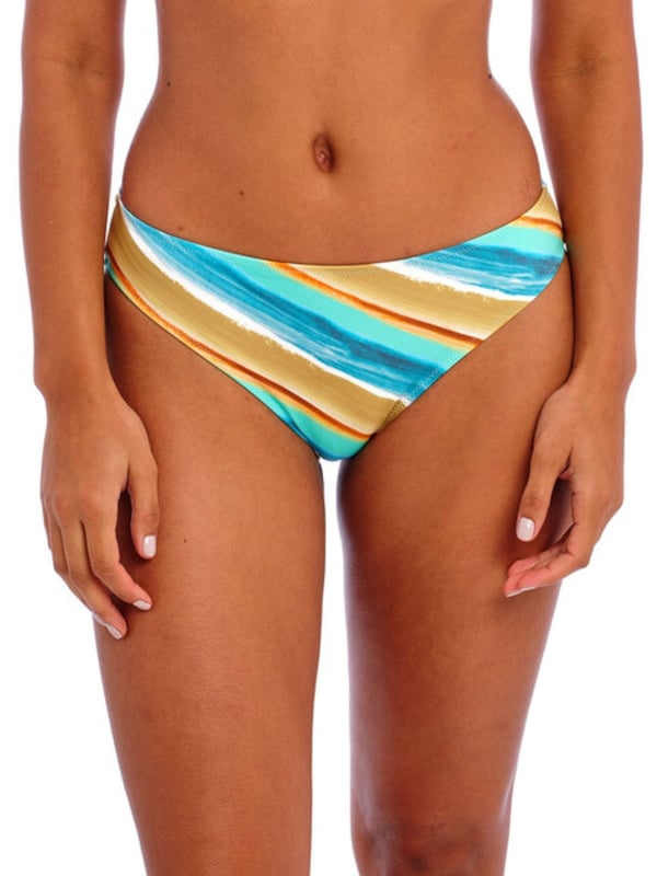 Freya Castaway Island Bikini Brief. Mid Rise swimwear bottom with watercolour stripe print and moderate coverage. This product is recommended to be washed on a gentle wash cycle.