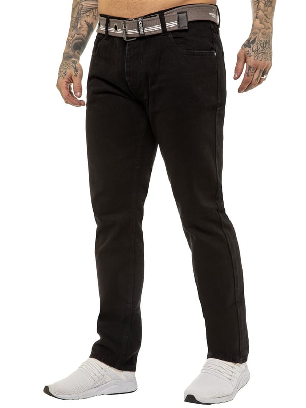 Enzo Mens Regular Fit Jeans. Free Belt Included (Belt colour may vary). 5 Pockets including the Coin Pocket. Branded Buttons and Rivets. Midrise Zip Fly Fastening.(EZ399)