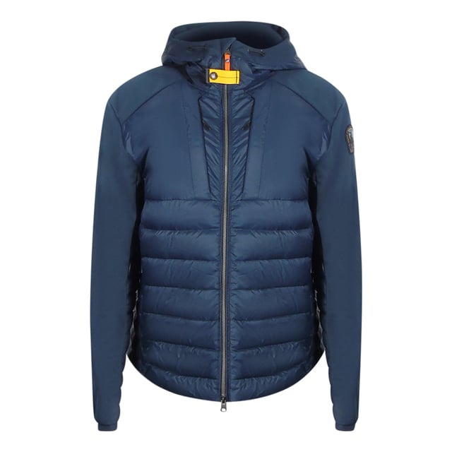 Parajumpers blauw donsjack, twee zakken met ritssluiting aan de voorkant, PJS-patch op de linkermouw, jas van 100% polyamide, vulling: 90% eendendons, 10% eendenveren, elastische tailleband en mouwen