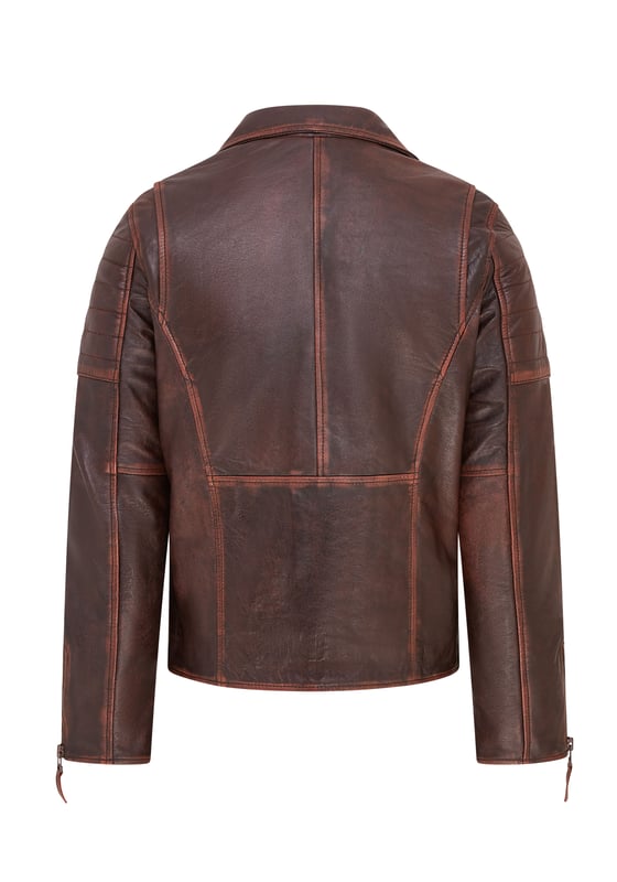 The centrepiece of a timeless look, this jacket is crafted with full grain nappa leather to achieve a slim fit stylish biker silhouette. Eye catching additions to this piece include ribbed detailing on the shoulders and a traditional wide collar. The front of the jacket is accented with a double zip and features a slanted zip pocket across the breast as well as a further two zip pockets. This jacket comes in a range of colours to suit a variety of tastes, allowing all to find their ideal style in this classic Brando style piece.

• 100% premium ultra-soft nappa leather.
• Slanted zip breast pocket • Double zip front, tagged for ease of use
• Wide notch stud fastened lapels
• Pockets integrated into the jacket lining
• Ribbed detailing on the shoulders
• Stylish zipped cuffs