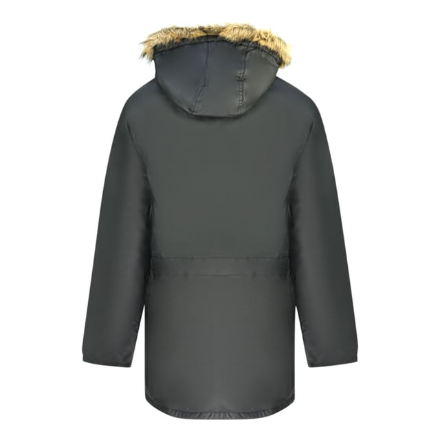 Fred Perry gewatteerde gewaxte katoenen zwarte parka met capuchon. Fred Perry zwarte jas. Merkbadge op de linkerborst, jack met capuchon, gewatteerd gewaxt katoen. Normale pasvorm, centrale ritssluiting met flap met knoopsluiting, bontrand. Elastische mouwuiteinden, 2 zakken met klepsluiting, trekkoord in de taille. Stijl: J2583 102