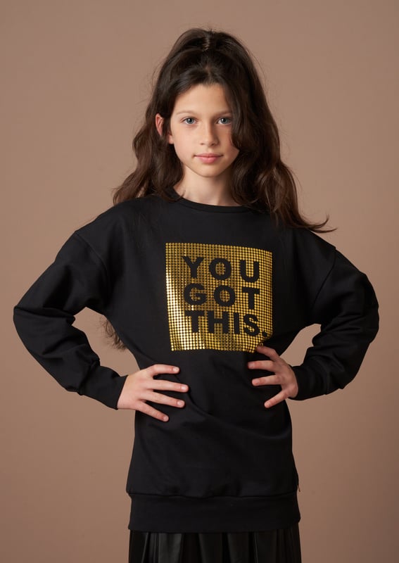 You Got This! Our Longline sweat is crafted from the softest jersey and features a fabulous gold metallic slogan. Wear with metallic denim for extra style credits.