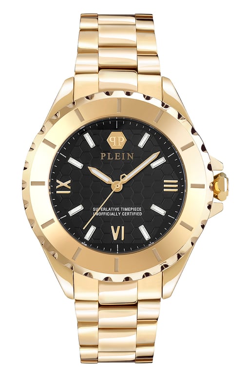 This Philipp Plein Plein Heaven Analogue Watch for Women is the perfect timepiece to wear or to gift. It's Gold 38 mm Round case combined with the comfortable Gold Stainless steel watch band will ensure you enjoy this stunning timepiece without any compromise. Operated by a high quality Quartz movement and water resistant to 5 bars, your watch will keep ticking. Philipp Plein’s Heaven watches represent the epitome of sophistication and technical mastery within the world of luxury timepieces. This Analogue watch has a  function: Luminous Hands High quality 19 cm length and 18 mm width Gold Stainless steel strap with a Deployment clasp Case diameter: 38 mm,case thickness: 12 mm, case colour: Gold and dial colour: Black