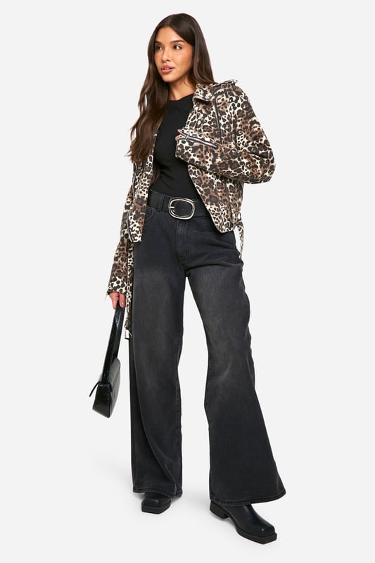 Eye-catching leopard print design
        Classic biker jacket silhouette
        Notched collar with lapels
        Asymmetrical zip front closure
        Multiple functional pockets for practicality
    
    Make a bold statement with this fierce jeans-biker jacket featuring a striking leopard print. The classic biker silhouette is given a wild twist, perfect for the fashion-forward woman who loves to stand out. Style it with a simple black top and wide-leg trousers for a balanced look that lets the jacket take centre stage. Ideal for casual outings or adding edge to your evening ensemble, this versatile piece can be dressed up or down. Pair with ankle boots and statement earrings for a night out, or throw it over a casual dress with trainers for a chic daytime look. The multiple pockets offer both style and functionality, making this jacket a practical choice for various occasions. Whether you're heading to a family gathering or meeting friends for coffee, this jacket will ensure you're always dressed to impress.