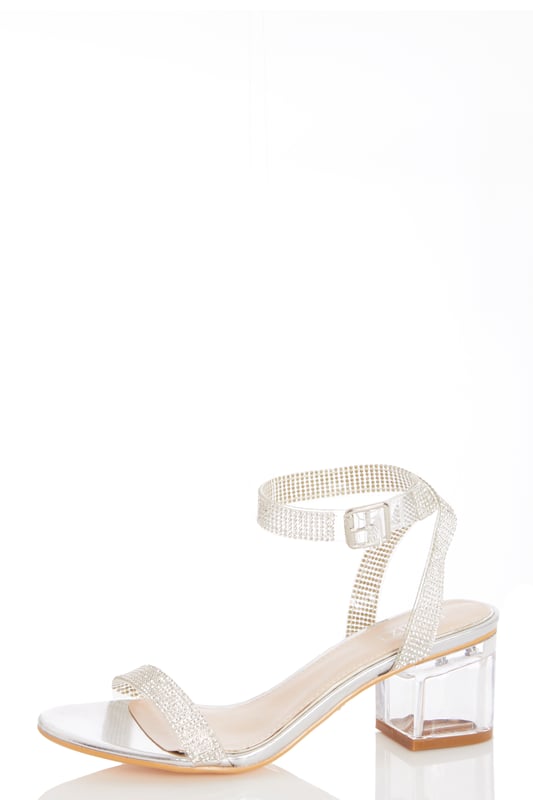 Silver Embellished Clear Block Heel Sandals - Quiz Clothing