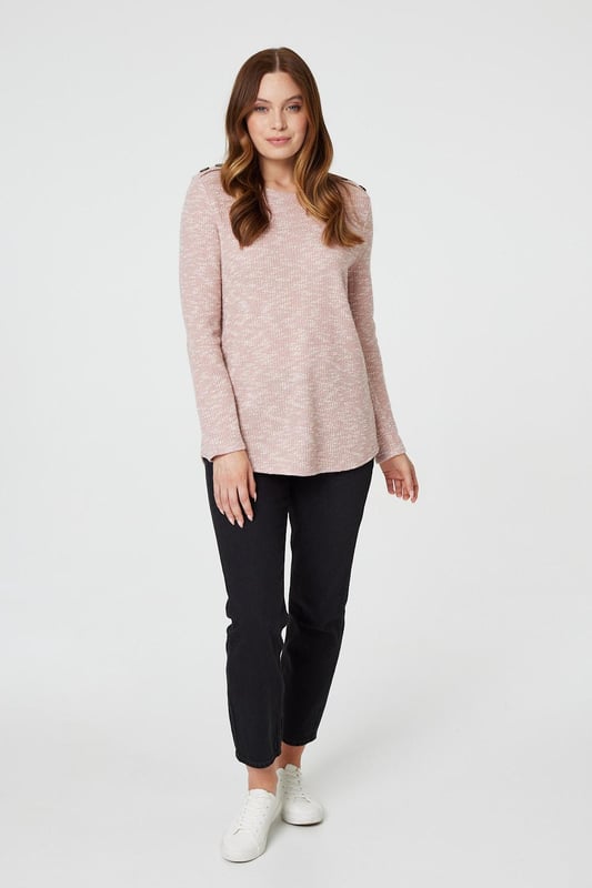 Elevate your casual wardrobe with this marled longline pullover. It has a round neck, long sleeves, a button embellishment at the shoulders, relaxed fit and a thigh length hem. Pair with jeans and trainers for an on-trend weekend look.