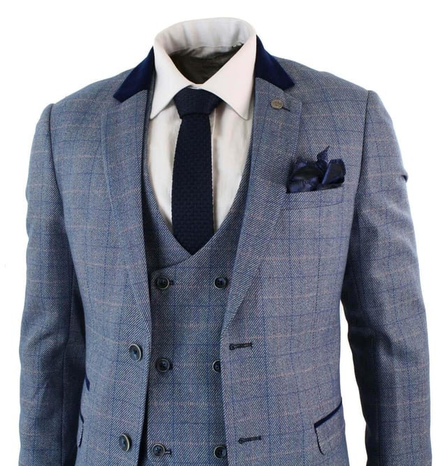 The Hilton suit adds a splash of colour to your ensemble. It combines pastel blue and blush pink to create a vintage style check weaved into a durable tweed style fabric. Navy blue is also worked in to the suit with velvet trims. elbow pads and collar to make it stand out. A superb check three piece perfect for both weddings and christenings - Note: The waistline of the pants is 15cm smaller than the corresponding size of the jacket. For example, a 34'' coat + 28'' pants, a 36'' coat + 30'' pants, a 38'' coat + 32'' pants, a 40'' coat + 34'' pants, a 42'' coat + 36'' pants, 44'' jacket + 38'' pants, 46'' jacket + 40'' pants, 48'' jacket + 42'' pants, 48'' jacket + 44'' pants, and 52'' jacket + 46'' pants.