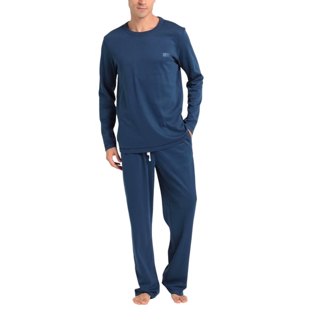 Diesel Men's Pyjama Set
Style Name: UMSET ARAMIS
Style Code: 0THAU
100% Cotton 
Made In India
Regular Fit
Brand Logo
Solid Logo
Crew Neck 
Long Sleeve T-Shirt
Side Slit Hem Line
Adjustable Drawstring With Pyjama
Full Set (Top And Botton)
Size: S-XL
Colour: Navy Blue
Machine Wash (Please See The Instruction Before Wash)