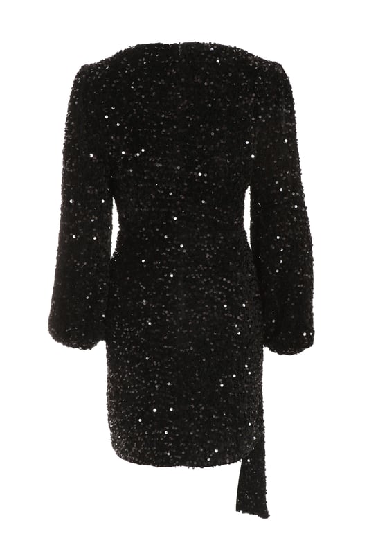 Black Sequin Mini Wrap Long Sleeve Dress