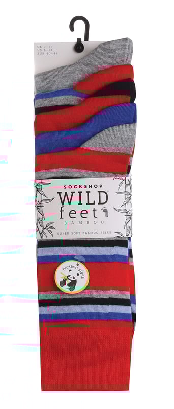 Wild Feet are a great choice if you’re after quality, traditional colours as well as some classic striped patterns for your feet. If you’re looking for a softer dress sock then these are the ideal ones for you! These socks are made from a rich Viscose from Bamboo material which makes them very breathable, naturally moisture wicking and some of the softest socks you’ll ever wear! These socks would be ideal for everyday wear or for the working day. They could even make a great gift for someone that you know needs an upgrade on their sock drawer with the amazing comfort that they provide. Wild Feet is a range of socks featuring cool designs, bold colours and quirky catchphrases - from pugs and penguins, to lions and llamas! - Choose from a range of styles for men and ladies, from dress to trainer socks. There are even some sporty styles available! There are 4 variations to choose from with plain and striped patterns per pack. They come in one size Men’s 7-11 UK, are made from 70% Viscose Bamboo 28% Polyester 2% Elastane and are machine washable.