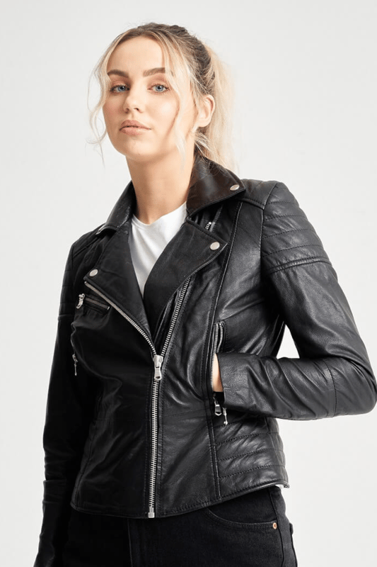 Update your look with the BARNEYS ORIGINALS PETITE textured leather jacket, the Clara. This iconic jacket is a best-selling style that suits all. Asymmetric zipline, ribbed shoulders and silver hardware; this is the ultimate leather biker jacket.