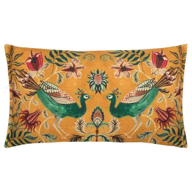 Inspired by organic shapes and symmetrical patterns, the Peacock Duo cushion adds a touch of charm to your soft furnishings. Printed on textured linen look fabric, two hand-painted peacocks pose in a mirror image of each other, amongst the intertwined vibrant florals. The deep-toned ochre background and luxurious claret velvet reverse contrast effectively to add vibrant tones to your home decor.