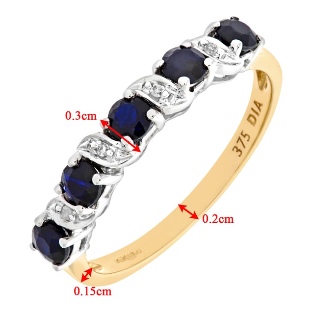 9K (375) geel goud: 2 gram; # Diamant: 0,02 ct; # Saffier: 0,78 ct