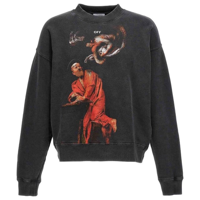 Gebroken wit St. Matthew Design Skate Fit gewassen zwart sweatshirt. Ervaar behaaglijk comfort en casual verfijning met de Off-White zwarte trui met ronde hals. Deze ultrazachte trui is versierd met een stijlvol logo en is ontworpen om de hele dag warmte en tijdloze stijl te bieden. Maak een statement met deze relaxed-fit trui, perfect voor dagelijks gebruik! Normale pasvorm, zwarte trui. Gebroken witte logoprint, logo op de achterkant, St. Matthews-ontwerp op de voorkant, streetwear. 100% katoen, gemaakt in Portugal, elastische tailleband en mouwuiteinden. Stijlcode: OMBA054F23FLE0131084