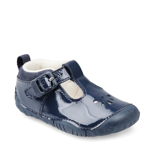 Designed to protect babies' delicate feet, these comfortable T-bar shoes comes in a soft navy patent. Specifically designed for pre-walkers, there are padded ankles and cushioned insoles to provide ultimate comfort for babies feet. Heel and toe bumpers protect delicate feet and our most flexible, lightweight soles allows for uninhibited movement. The easy buckle fastening means fuss-free adjustability and ensures shoes stay put on the move.