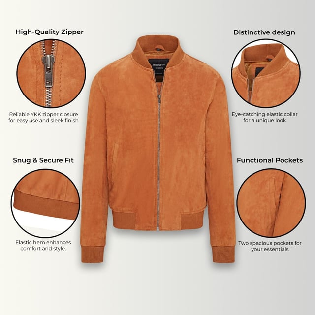 Introducing the Men's Varsity Suede Leather Bomber Jacket, a refined take on the classic MA-1 flight jacket. Crafted from 100% soft goat suede, this jacket offers exceptional durability and a supple drape. The exposed zip front features a wide, quilt stitch zip stand, complemented by a rib knit collar, cuffs, and hem for added warmth and a sleek silhouette. With four pockets�two at the waist and two inside, including a secure zipped pocket�this fully lined jacket combines style and functionality seamlessly.

� Made from 100% soft goat suede for durability and comfort
� Exposed zip front with quilt stitch zip stand
� Rib knit collar, cuffs, and hem for insulation
� Four pockets: two waist and two interior, one with a zip
� Fully lined interior for added warmth and comfort
