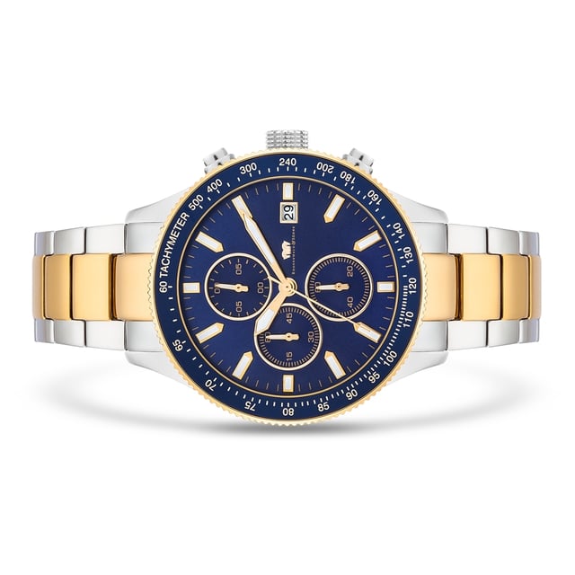 With the date, stopwatch, 3 auxiliary dials and rotatable bezel with tachymeter, the RHODENWALD & SOHN clock manufacturer combines the most popular chronograph highlights in a modern timer. The robust bicolor-steel case with partial IP coating in yellow gold enthusiastically enthusiastically with the classic tricompax arrangement of the totalists, combined with subtle line indices and luminic arrow pointers The exclusive design is rounded off by a bicolor structure bracelet made of stainless steel with practical safety folding. The interior even meets high demands: a high -quality quartz train ensures the best precision.