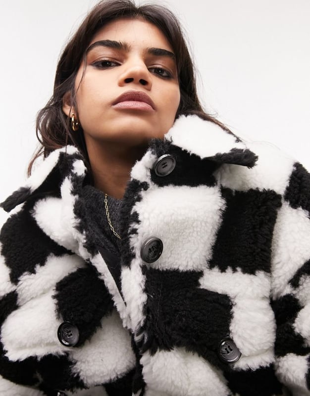 faux fur checkerboard longline coat in monochromeMulti