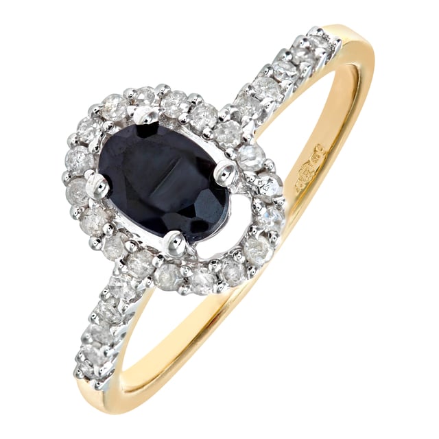 9K (375) geel goud: 2,4 gram; # Diamant: 0,23 ct; # Saffier: 0,85 ct