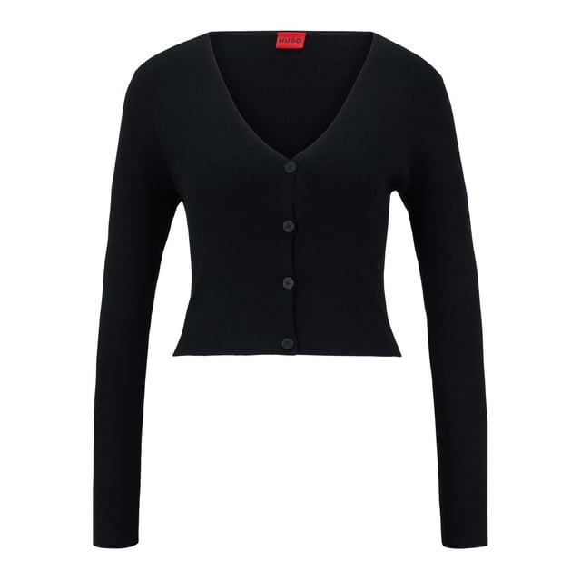 Womens HUGO Sanderin Cardigan in black.- Short cardigan- V-Neck- Button fastening.- Long sleeves.- Rib knit- 50% Viscose  27% Polyester  23% Polyamide.  Hand wash.- 50486848-001