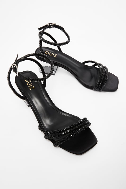 Black Diamante Strap Low Heel Sandals