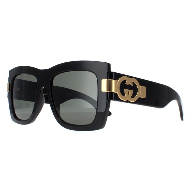 Gucci Square Womens Black with Gold Grey GG1688S  Sunglasses offer a perfect combination of modern sophistication and understated luxury. With their bold, square frame, these sunglasses make a striking fashion statement while maintaining a timeless appeal suitable for various occasions. The design is complemented by Gucciâ€™s signature double-G logo on the temples, adding a touch of iconic branding that speaks to the wearerâ€™s impeccable taste. High-quality lenses provide essential UV protection, ensuring comfort and safety without compromising on elegance.