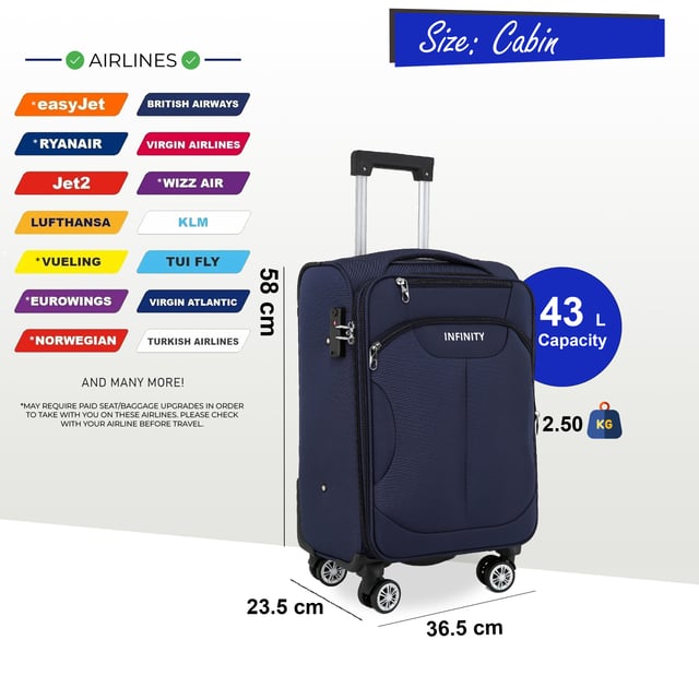 Upgrade uw reisbenodigdheden met de 8-wiel lichtgewicht marineblauwe koffers, ontworpen voor stijl, duurzaamheid en bruikbaarheid. Deze soft-shell bagageset is gemaakt van hoogwaardig nylon en biedt een strak uiterlijk en uitzonderlijke prestaties voor al uw reizen. Kenmerken: Lichtgewicht nylon materiaal: Duurzaam maar lichtgewicht, waardoor het gemakkelijk te hanteren is en langdurig gebruik garandeert. Soft-Shell ontwerp: Biedt flexibiliteit en veerkracht om schokken tijdens het reizen te absorberen. Veilig TSA-slot: Houdt uw bezittingen veilig en TSA-conform voor naadloze veiligheidscontroles op de luchthaven. 4X dubbele wielen met 360° mobiliteit: Zorgt voor moeiteloze manoeuvreerbaarheid over verschillende oppervlakken. Ergonomische telescopische handgreep: Ontworpen voor comfort en eenvoudige bediening. Georganiseerd interieur: Inclusief spanriemen, compartimenten met rits en gaasverdelers voor probleemloos inpakken. Beschikbare maten en specificaties: Cabine: Afmetingen: 36,5 x 23,5 x 58 cm Gewicht: 2,50 kg Capaciteit: 43L Medium: Afmetingen: 42 x 26 x 67 cm Gewicht: 3,40 kg Capaciteit: 64L Groot: Afmetingen: 48 x 30 x 76 cm Gewicht: 4,30 kg Capaciteit: 98L Deze veelzijdige koffers zijn perfect voor alle soorten reizen, of het nu een korte reis of een langere vakantie is. Het strakke zwarte ontwerp zorgt voor tijdloze elegantie, terwijl de lichtgewicht constructie en geavanceerde functies ongeëvenaard gemak bieden. - Let op: Selecteer de gewenste maat. Maten worden afzonderlijk verkocht, niet in sets.