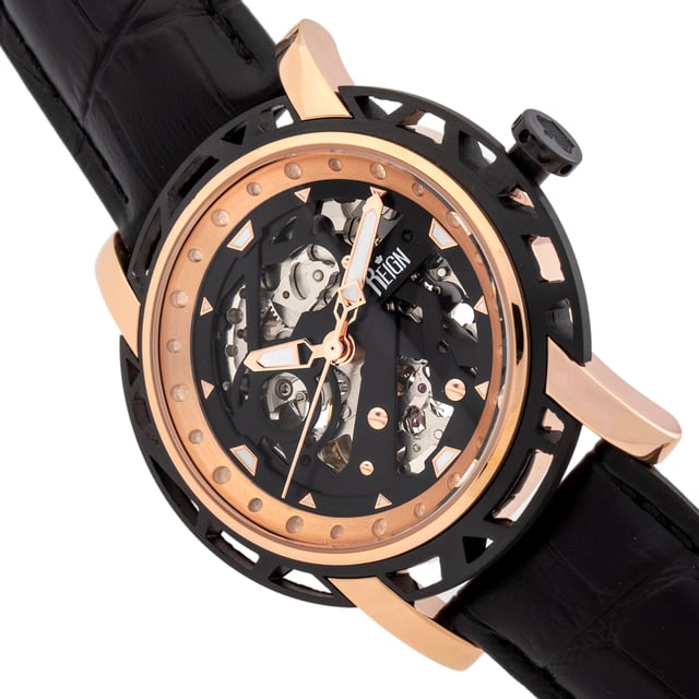 316L Surgical-Quality Stainless Steel Case; Jeweled Automatic Miyota 8N24 Movement; Jewel Bearings: 20 Jewels; 41 Hour Power Reserve; Beats per Hour (BPH): 21600/Hour; Sapphire-Coated Mineral Crystal; Skeleton Dial; Observation Caseback to view Movement; Logo-Engraved Crown; Genuine Leather Crocodile-Embossed Strap; Logo-Engraved Stainless Steel Clasp; Luminous Hands; Luminous Markers; 44mm Diameter; 5 ATM Water Resistance;