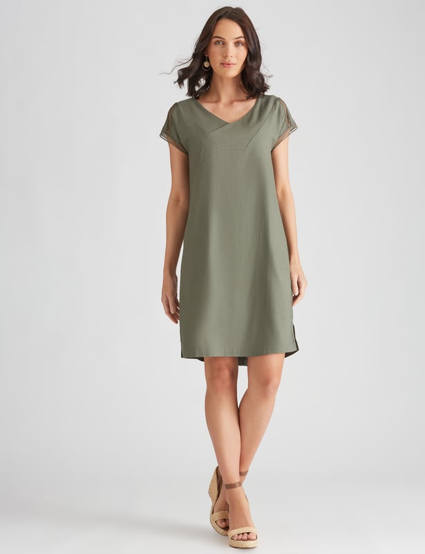 KATIES Womens Dress Khaki Green Shift Dresses Linen Blend