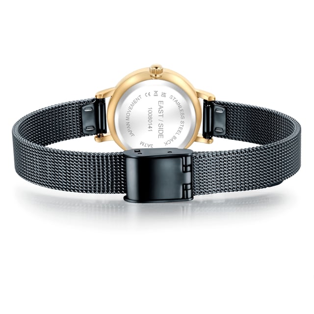 GENERAL INFORMATION:  • Targetgroup: Female  • Wristwatch: No Special Functions  • Display: analogue  • Weight of watch w/o box (gr.) - approx.: 24,0  MOVEMENT:  • Movement: Quartz  • Term of Movement: VC10  • Origin of movement: Japan  BRACELET:  • Material of bracelet/strap: Stainless steel  • Plating of bracelet/strap: Ion-Plating (IP)  • Finishing of bracelet/strap: Smooth  • Finishing/Decoration of bracelet/strap: None  • Clasp/Closure/Buckle: Slide Clasp  • Color of bracelet/strap: Blue  • Length of bracelet/strap (mm) approx.: 190,0  • Width of bracelet/strap (mm) approx.: 9,5  • Style/Design of bracelet/strap: Mesh band (Millanaise Style)  • Bracelet/strap adjustable?: No  CASE:  • Shape of case: Round  • Size/Diameter of case in mm . approx.: 24,0  • Height of case in mm: 7,6  • Case material: Metal (Alloy)  • Surface of case: Polished  • Bezel/Topring: Fixed  • Finishing/Decoration of case: None  • Material of case back: Stainless steel  • Lock of case back: No screwed-in crown  • Color of case: Yellowgold  • Coating/Plating (Case): Ion-Plating (IP)  • Type/Form of crystal: Flat  • Material of crystal: Mineral crystal  • Water resistant (ATM): 3  DIAL:  • Size jewelry care cloth: Hour, Minute  • Indices: Line indices  • Material of dial: Brass  • Structure/pattern of dial: Flat  • Color of dial: Blue  PUSHER, CROWN, HAND:  • Pusher: None  • Corrector: No  • Crown: No screwed-in crown  • Type of hands: Dauphine hands  • Luminescent (hands): No  PACKAGING & SCOPE OF DELIVERY:  • Box: Yes  • Service booklet: Yes  • Manual: Yes