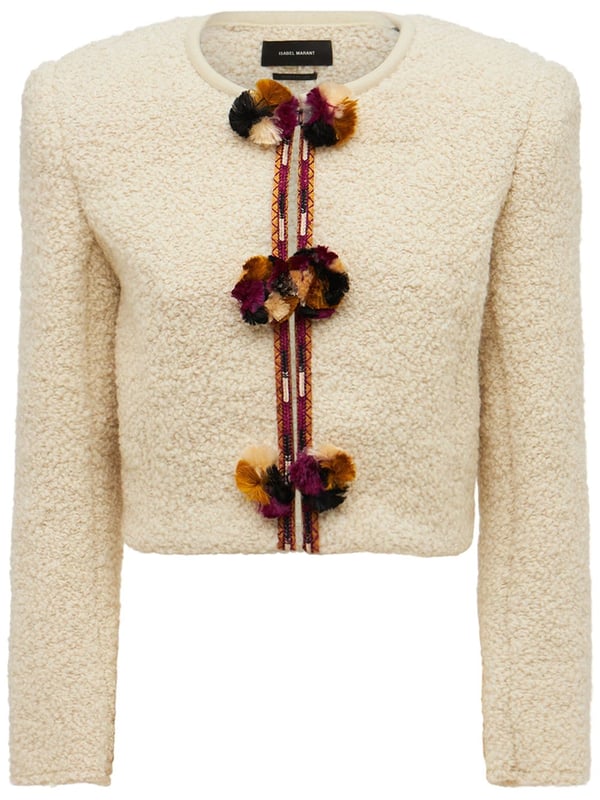 Pom Pom Design. Long Sleeved. 76% Wool, 22% New Wool, 2% Polyamide // Biais1: 100% Cotton // Embroidery Thread: 100% Viscose // Braid1: 100% Cotton // Pompoms: 50% Silk, 50% Viscose.