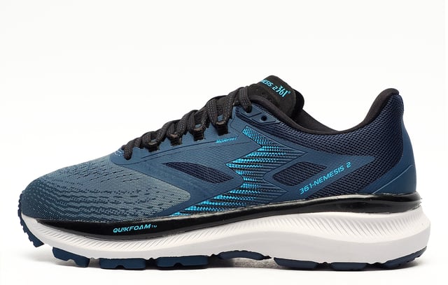 If youre looking for a high-end running shoe at a great price, then look no further than the 361 Nemesis 2. A durable, super comfy supportive running shoe designed for all types of runners who want extra support and superior cushioning underfoot. Rightly named as it reaches to the peaks of endurance and beyond the 361 Nemesis 2 delivers on all fronts. The Nemesis 2 uses a unique double layer textile / mesh to provide full toe-to-heel ventilation. The perfect fit MORPHIT lacing system has been adapted to include both medial and lateral support; accommodating different foot shapes, while still providing the necessary support in motion. The soft tongue reduces pressure over the top of the foot with its anatomical design while a soft padded heel and ankle collar allows the shoe easier on / off wear and a more sumptuous fit and feel The Nemesis 2 also gets a new double-layered cushioned platform make up. The top layer uses full-length QUIKFOAM and the bottom layer uses EVA to enhance the stability of the shoe  providing a more stable base for all your high performance needs. The extended medial post helps to slow the rate of roll at first contact with the ground which in turn makes for a smoother transition and contributes to better running efficiency.
 The Nemesis is a 5-star running shoe at a once in a lifetime price !
 - Textile / Double-layer mesh mix upper enhances breathability
 - Wide fit (2D)
 - Anatomical pressure free tongue design
 - Soft textile lining for comfortable fit and feel
 - Contoured heel design
 - Easy on/off wear
 - Perfect fit lace up closure
 - OrthoLite comfort cushioned insole
 - Quickfoam and EVA rubber blend midsole
 - Durable outsole
 - 361 branding