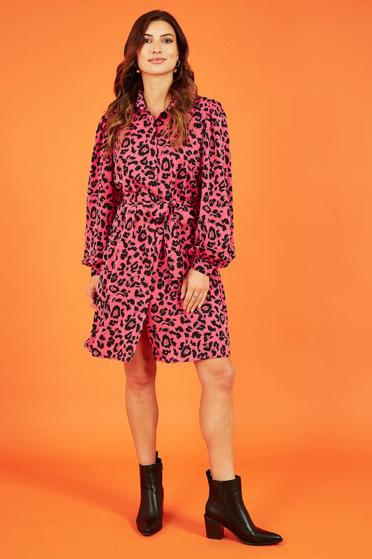 Pink Animal Print Long Sleeve Shirt Dress
