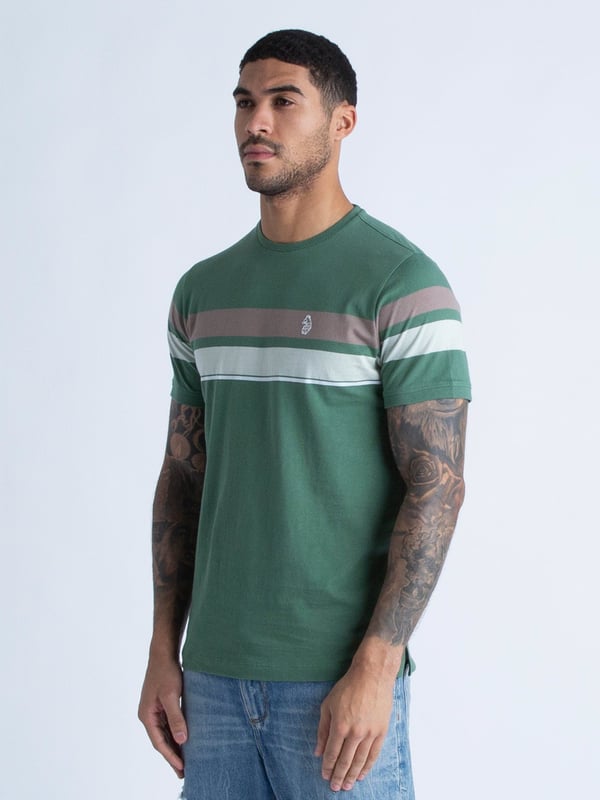 The classic crew neck tee from LUKE is cut from a super soft cotton and features contrast yarn dyed stripes across the chest and sleeves. It is detailed with soft rib trims throughout and is complete with the brand's iconic raised lion print on the left chest.