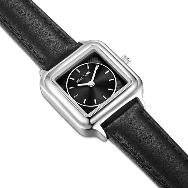 GENERAL INFORMATION:  • Targetgroup: Female  • Wristwatch: No Special Functions  • Display: analogue  • Weight of watch w/o box (gr.) - approx.: 23  MOVEMENT:  • Movement: Quartz  • Term of Movement: 2025  • Origin of movement: Japan  BRACELET:  • Material of bracelet/strap: Genuine leather  • Plating of bracelet/strap: None  • Finishing of bracelet/strap: Smooth  • Finishing/Decoration of bracelet/strap: None  • Clasp/Closure/Buckle: Buckle  • Color of bracelet/strap: Black  • Length of bracelet/strap (mm) approx.: 190,0  • Width of bracelet/strap (mm) approx.: 14,0  • Style/Design of bracelet/strap: No imprint  • Bracelet/strap adjustable?: No  CASE:  • Shape of case: Square  • Size/Diameter of case in mm . approx.: 25,0 x 32,0  • Height of case in mm: 8,1  • Case material: Metal (Alloy)  • Surface of case: Polished  • Bezel/Topring: Fixed  • Finishing/Decoration of case: None  • Material of case back: Stainless steel  • Lock of case back: No screwed-in crown  • Color of case: Silver  • Coating/Plating (Case): None  • Type/Form of crystal: Flat  • Material of crystal: Mineral crystal  DIAL:  • Size jewelry care cloth: Hour, Minute  • Indices: Line indices  • Material of dial: Brass  • Structure/pattern of dial: Flat/sunray  • Color of dial: Black  PUSHER, CROWN, HAND:  • Pusher: None  • Corrector: No  • Crown: No screwed-in crown  • Type of hands: Pole hand  • Luminescent (hands): No  PACKAGING & SCOPE OF DELIVERY:  • Box: Yes  • Service booklet: Yes  • Manual: Yes