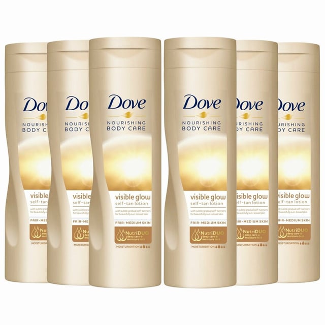 Dove Visible Glow Self Tan Lotion Fair To Medium helps to build a gradual and even tan whilst providing deep moisturisation to the skin to help maintain the skin's healthy look and maintain a soft and supple appearance. Helps build a gradual even tan and moisturisers within the product help maintain the tan and build the tan evenly to avoid streaks. Soft and subtle citrus scent. Dove believes having a fresh, sun-kissed look should not be reserved just for the summer. Dove Summer Glow Nourishing Lotion with a subtle self-tanner nourishes your skin while gradually enhancing your natural skin colour. The Unique Deep Care Complex includes skin natural nutrients and rich essential oil to help gradually improve skin starting deep down.  Dermatologically Tested.