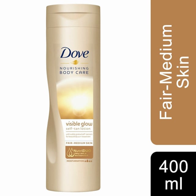 Dove Visible Glow Self Tan Lotion Fair To Medium helps to build a gradual and even tan whilst providing deep moisturisation to the skin to help maintain the skin's healthy look and maintain a soft and supple appearance. Helps build a gradual even tan and moisturisers within the product help maintain the tan and build the tan evenly to avoid streaks. Soft and subtle citrus scent. Dove believes having a fresh, sun-kissed look should not be reserved just for the summer. Dove Summer Glow Nourishing Lotion with a subtle self-tanner nourishes your skin while gradually enhancing your natural skin colour. The Unique Deep Care Complex includes skin natural nutrients and rich essential oil to help gradually improve skin starting deep down.  Dermatologically Tested.