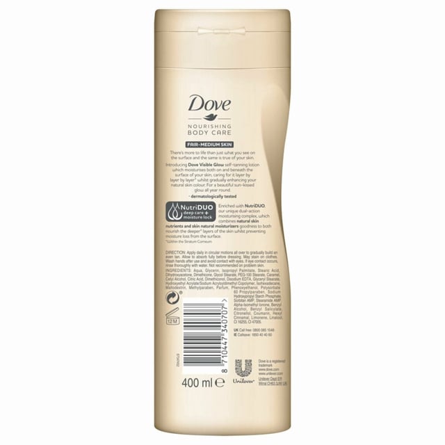 Dove Visible Glow Self Tan Lotion Fair To Medium helps to build a gradual and even tan whilst providing deep moisturisation to the skin to help maintain the skin's healthy look and maintain a soft and supple appearance. Helps build a gradual even tan and moisturisers within the product help maintain the tan and build the tan evenly to avoid streaks. Soft and subtle citrus scent. Dove believes having a fresh, sun-kissed look should not be reserved just for the summer. Dove Summer Glow Nourishing Lotion with a subtle self-tanner nourishes your skin while gradually enhancing your natural skin colour. The Unique Deep Care Complex includes skin natural nutrients and rich essential oil to help gradually improve skin starting deep down.  Dermatologically Tested.